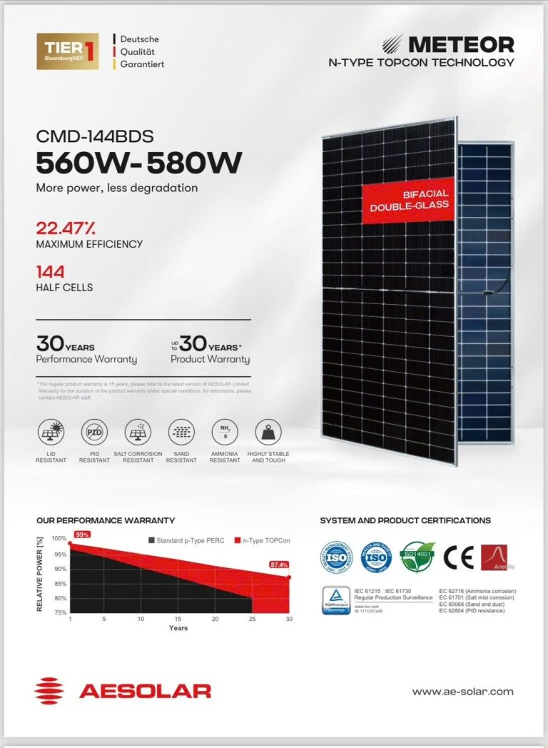 BẢNG GIÁ TẤM PIN NĂNG LƯỢNG MẶT TRỜI AE SOLAR 2 MẶT KÍNH CÔNG SUẤT 580W – TÍN DẠT SOLAR